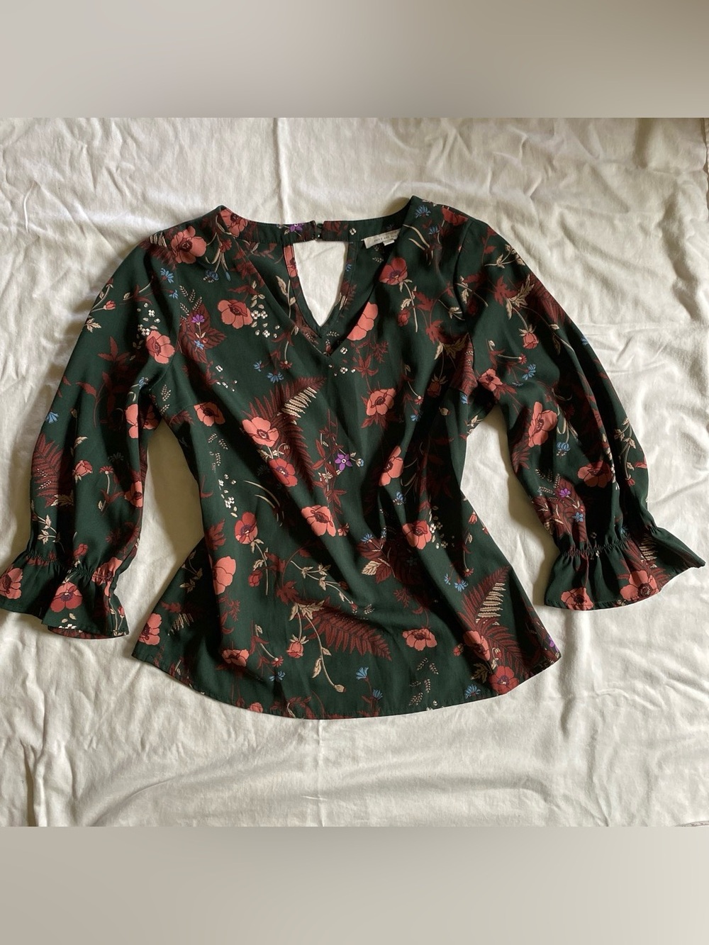 Dark Green Floral V-Neck Blouse with Coral Accents